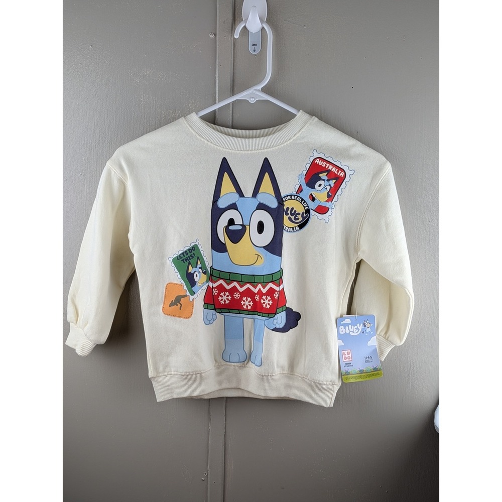 Bluey Kids Holiday Fleece Sweatshirt Cream Bluey Christmas Pullover 4T NWT